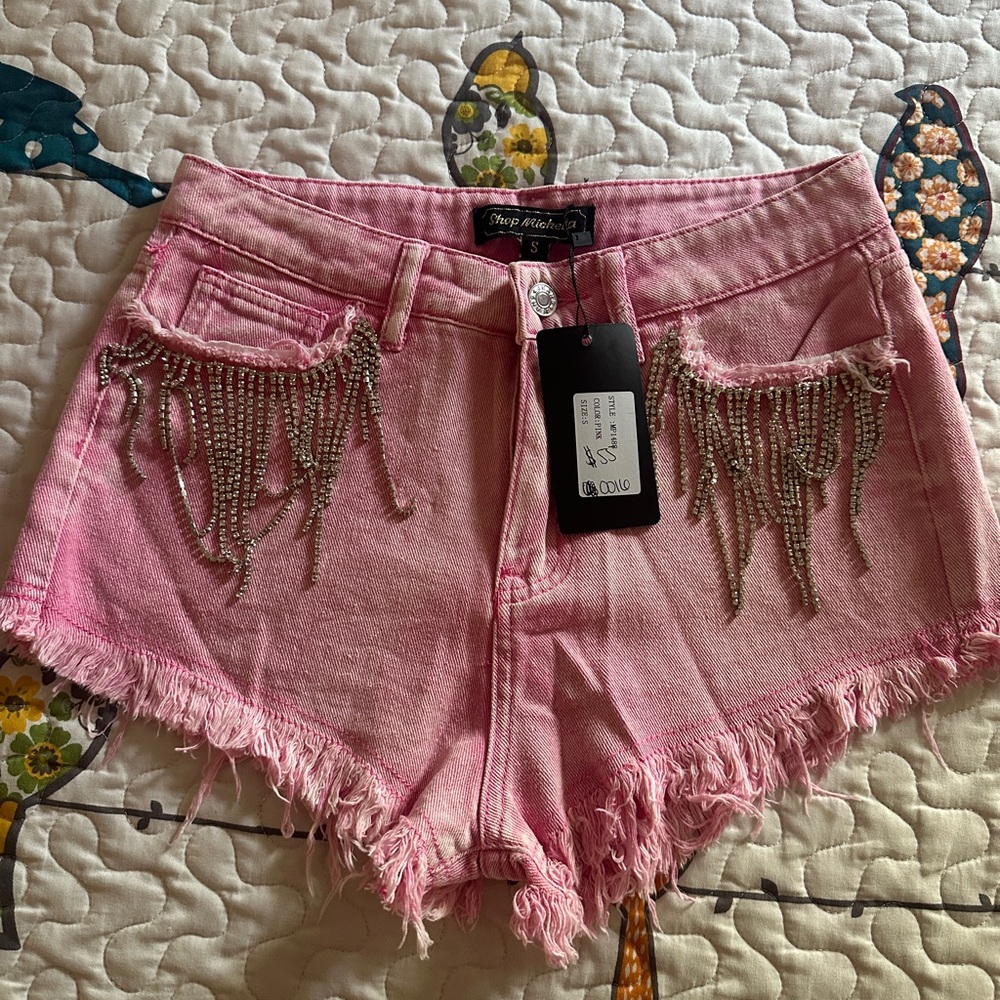 Topshop Pink Denim Shorts with Rhinestone Detail